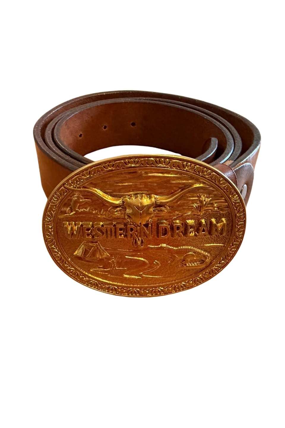 Boucle de ceinture western dorée WesternDream en zinc sur cuir de vachette, vue produit non portée